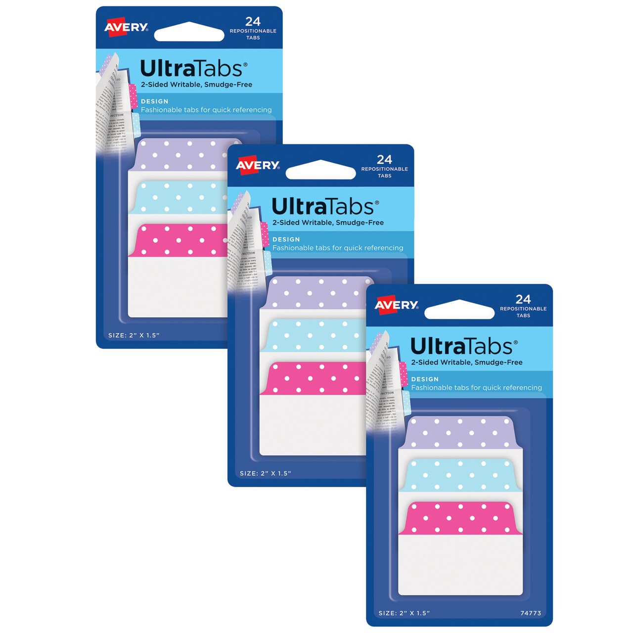 Avery Ultra Tabs, Multiuse Tabs, 2" x 1.5", 2-Side Writable, Assorted Pastel Dots, 24 Tabs Per Pack, 3-Pack, 72 Self Adhesive Tabs Total (34779)